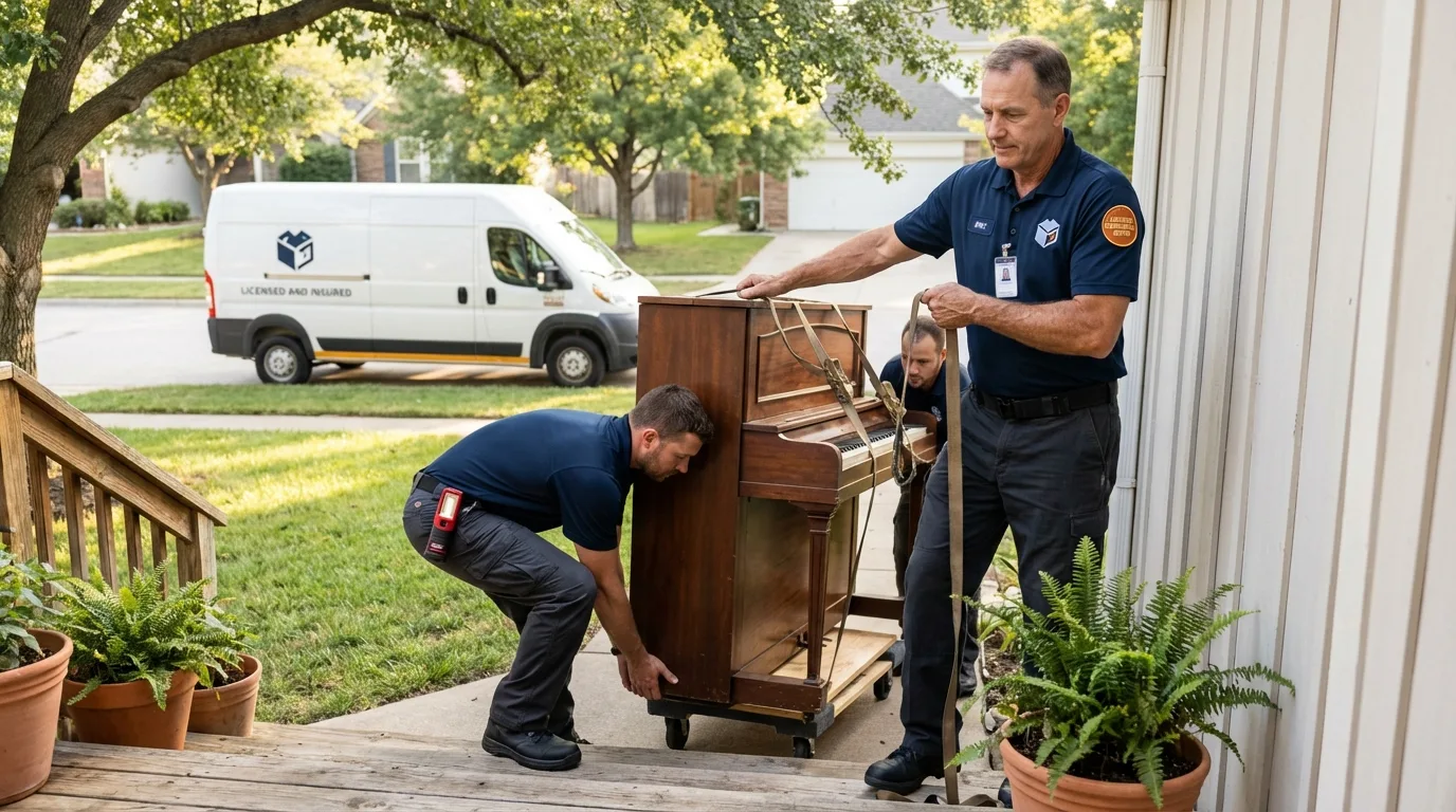 Licensed piano movers securing grand piano in Centerville, MO