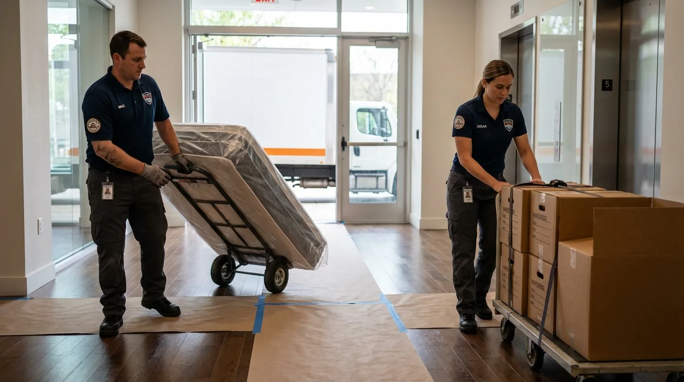 Professional apartment movers loading elevator in Centerville, MO