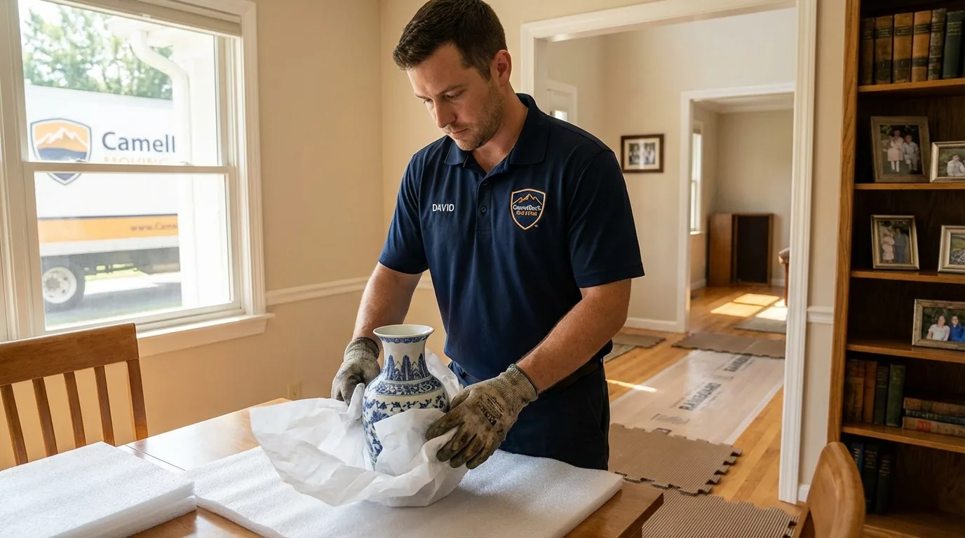 Professional crew carefully wrapping antique vase for senior downsizing move in Centerville, MO
